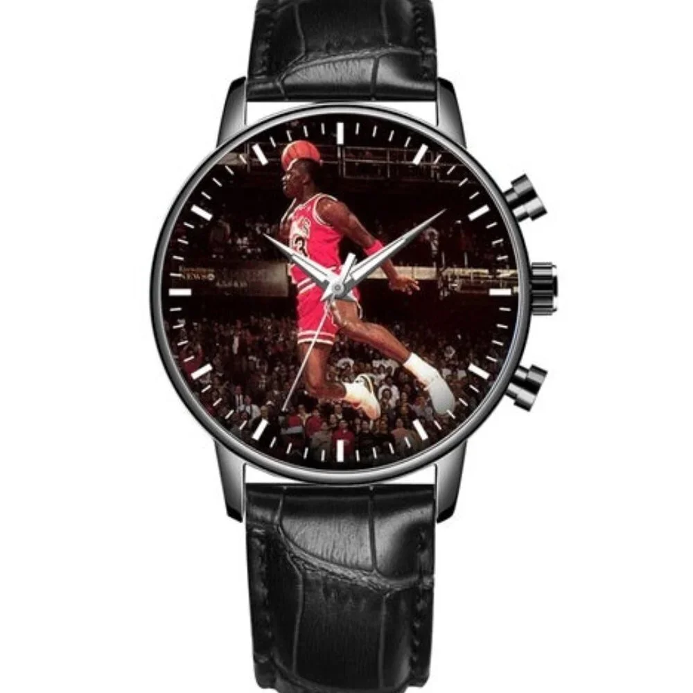 Michael Jordan Watch One Hand Dunk Genuine Black Leather Strap Gift Box